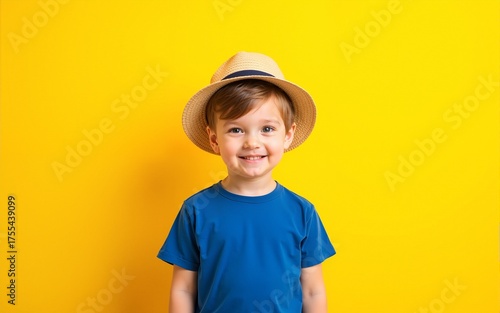 Little curious boy in a blue T-shirt and straw hat on a yellow background, copy space. High quality