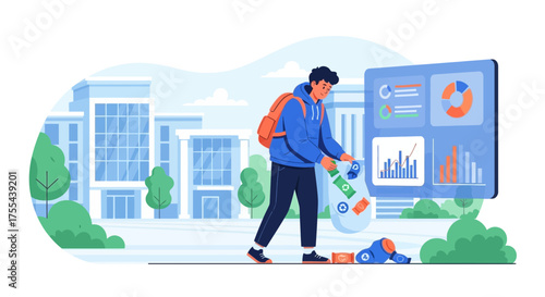 Illustration of student participating in campus clean-up campaign and digital tracking