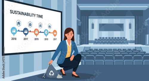 Volunteer engaging in sustainability efforts, picking up recyclable waste in an auditorium