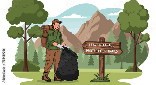 Dedicated volunteer cleaning up trash on a mountain trail, promoting nature conservation