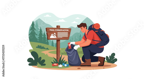 Volunteer hiker collecting trash for trail conservation in natural mountain landscape