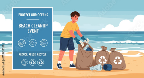 Illustration of a boy cleaning the beach to protect the oceans from pollution