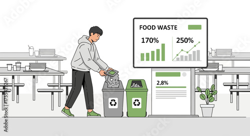 Illustrative display of food waste reduction efforts in a modern cafeteria setting