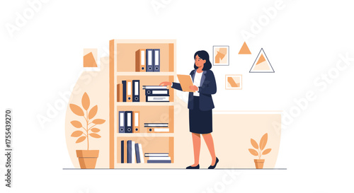 Professional Woman Examining Files Near A Bookshelf In An Office Setting