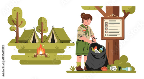 Dedicated scout member actively cleans up the campsite to maintain its pristine condition