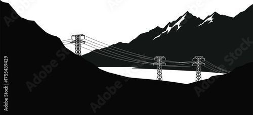 Electric power transmission towers across mountain valley with river, high voltage pylons landscape vector illustration, renewable energy, electricity infrastructure, black and white design