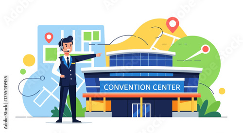 Convention Center Guide: Vector Illustration of Direction Giving and Venue Location