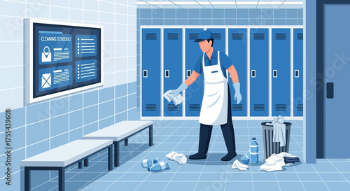 A diligent janitor efficiently cleaning a school locker room environment