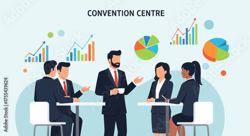 Corporate Team Meeting In Convention Centre Showing Business Growth Through Charts