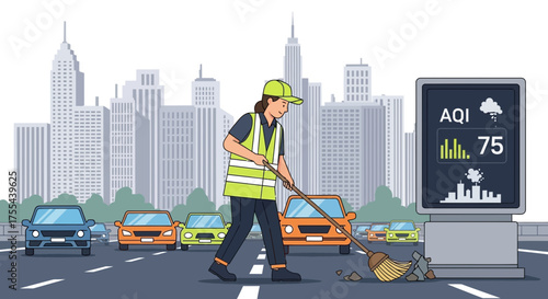 City Cleaner Maintaining Urban Environment Quality with Broom and AQI Billboard