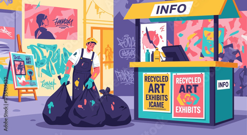 A worker cleaning up after a recycled art exhibit, promoting environmental awareness