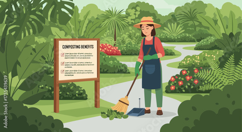 A female gardener tidying up leaves in a lush garden promoting composting benefits
