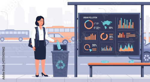 Woman Disposing of Plastic Bottle at Bus Stop with Urban Pollution Data Display