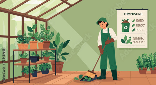 Animated gardener sweeping fallen leaves inside a cozy greenhouse illustration