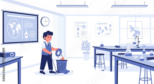 Illustrative Depiction of a Young Janitor Cleaning a Science Classroom after School