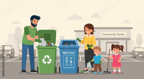 Family cooperation in community cleanup event focusing on recycling awareness