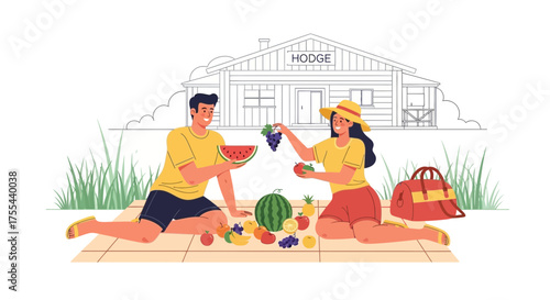 Couple Enjoying Picnic With Fruits And The Hodge House In Sunny Summer