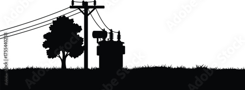 Electric utility pole and power transformer silhouette with tree and grass field, rural electricity transmission line and energy distribution vector illustration