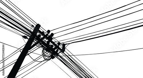 Electric utility pole with multiple tangled power lines silhouette, communication cables connection, black and white vector illustration for urban energy infrastructure design.