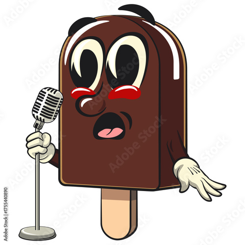 cute chocolate ice cream bar mascot cartoon vector illustration isolated on front of the mic become a stand up comedian, work of hand drawn