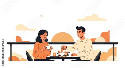 Couple Sharing Croissants And Drinks In A Relaxing Outdoor Restaurant Setting