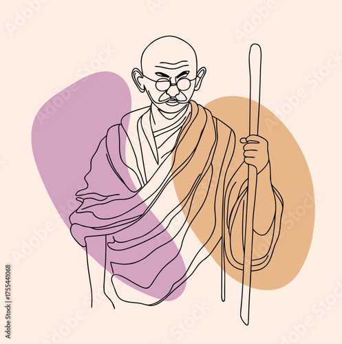 Mahatma Gandhi wearing glasses and holding a wooden stick isolated on white background vector linear drawing.