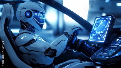 Futuristic AI Driver, Autonomous Robot Operating Smart Vehicle. Video Generative AI.