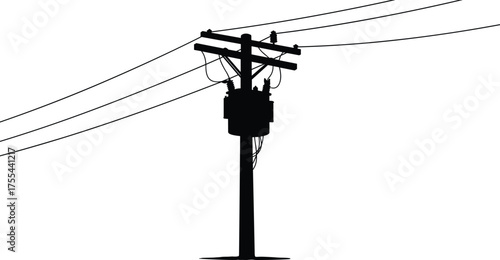 Electric utility pole with power transformer and cables, electricity distribution system silhouette illustration, industrial energy infrastructure vector design for renewable power network