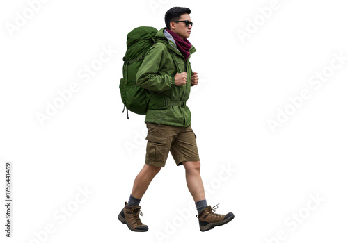 Young man hiking with backpack and sunglasses  isolated on transparent png