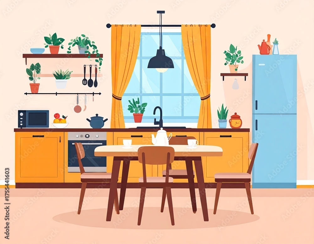 Obraz premium Cozy Kitchen Interior with Dining Table and Appliances.