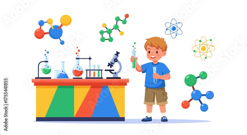 Curious Child Exploring Science: A Colorful Laboratory Illustration