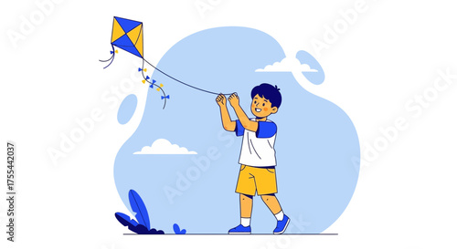 Delighted Child Joyfully Soaring A Kite Amidst Gentle Breezes And Ethereal Clouds
