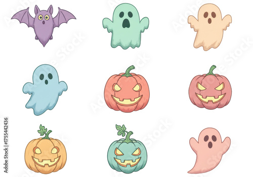 Halloween themed illustrations featuring bats ghosts and pumpkins  isolated on transparent png