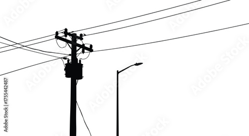 Electric utility pole with transformer and street light silhouette, urban power line infrastructure, high voltage electricity distribution network, industrial energy concept vector illustration