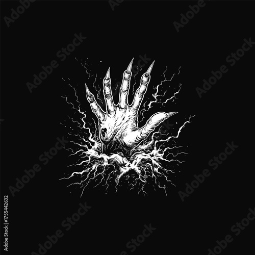 A dramatic and terrifying black and white illustration showing a monstrous, skeletal hand with long sharp claws emerging powerfully from the ground, surrounded by crackling energy or lightning bolts