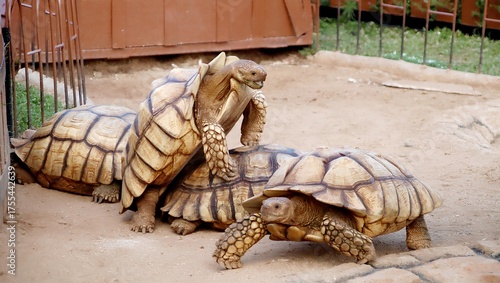 Pair of tortoises resting together on outdoor sandy area