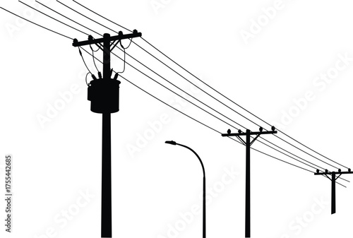 Electric utility poles with power lines and street light silhouette, urban electricity distribution infrastructure, high voltage energy network, industrial technology vector illustration