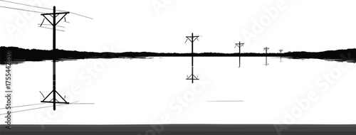 Electric utility poles with reflection on calm water, power transmission line landscape, minimal black and white vector design, rural countryside horizon illustration