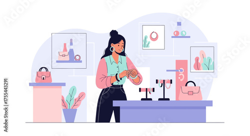 Elegant Woman Examining Jewelry in Stylish Boutique with Fashionable Handbag Display