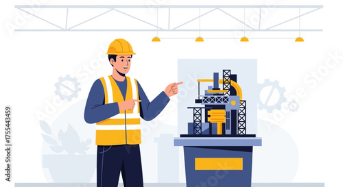 Engineer Explaining Industrial Machine Model Demonstrating Technological Innovation And Progress