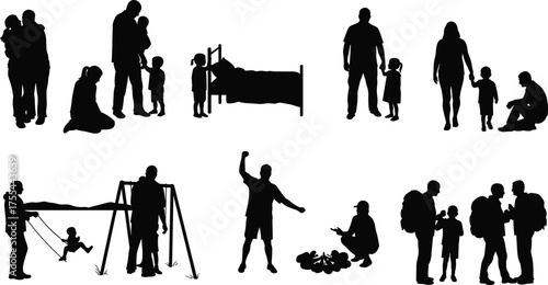Family silhouette illustration with parents and children spending quality time together, outdoor activities, parenting, love, relationship, lifestyle, and family bonding vector design
