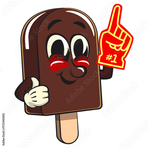 cute chocolate ice cream bar mascot cartoon vector illustration isolated raise foam finger, work of hand drawn