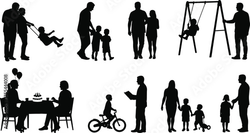 Family silhouette vector illustration showing parents and children playing, walking, swinging, cycling, celebrating together, parenting moments, lifestyle, and happy family relationship concept