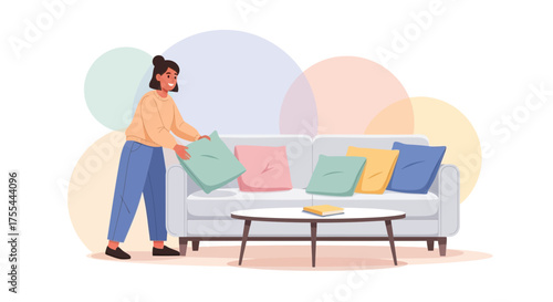 Woman Arranging Pillows While Decorating Living Room Before Visitors Arrive