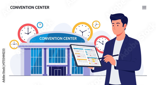 Event Planning And Management Visual Showing Times, Schedules, And Convention Centre Details
