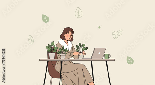 Woman Enjoying Time With Plants While Working On A Laptop At Home Office Space