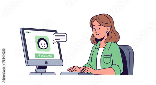 Woman Interacting With AI Assistant Using Keyboard, Modern Technology Illustration Concept