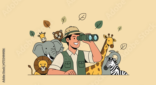 Explorer Observing Wildlife: A Delightful Illustration of Safari Adventure and Discovery