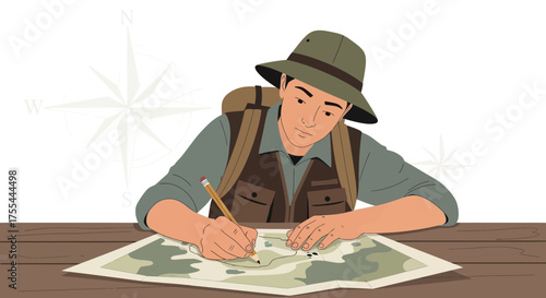 Explorer Studying Map With Pencil and Map, Planning Journey, Traveling, Compass Rose, Vector Art
