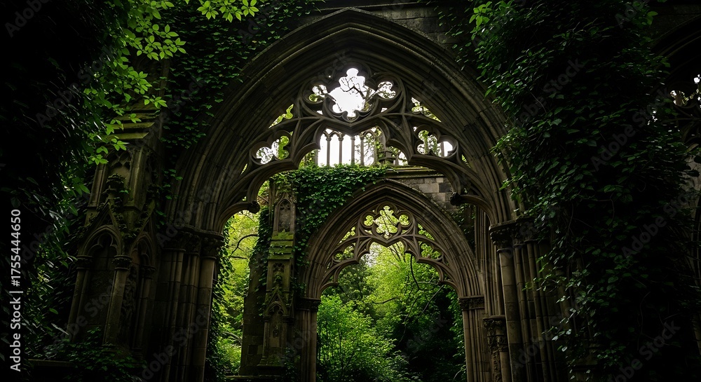 Fototapeta premium Ruined gothic arches overgrown with lush greenery